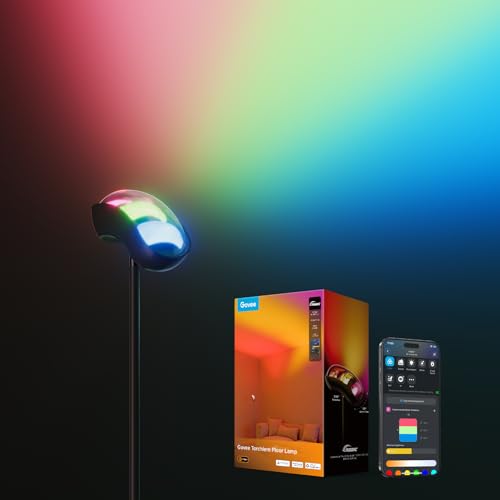 Torchiere Lampara de Pie LED, RGBWWIC Lámpara con Control 3-Zonas, Compatible con Matter Alexa, 77 Escenas & Sinc Musical, 170 cm Lampara Negro para Sala de Estar, Dormitorio e Techo