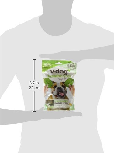 V-DOG DOG TREATS – VEGAN BREATHBONE TEETH CLEANING DENTAL DOG BONES – FRESH BREATH – 8 OUNCES – ALL NATURAL – MADE IN USA – 6 BONES – 4″ LONG – EASY TO DIGEST