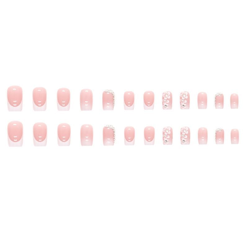 24 Pcs French Tip Square Press on Nails with Rhinestones & Flowers - Glossy Full Cover False Acrylic Nails for Women & Girls - Image 5