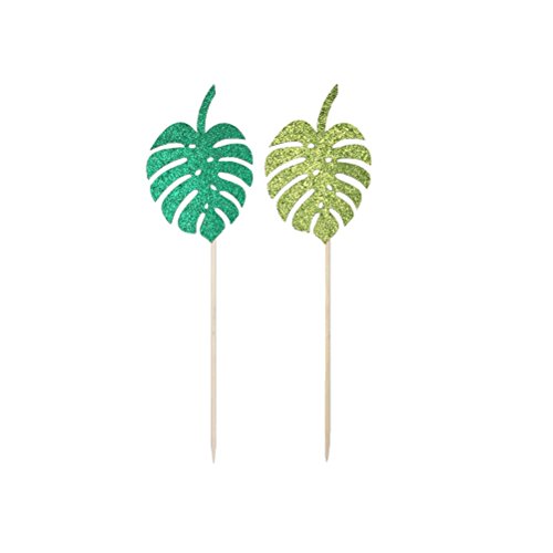 JANOU Green Cactus Tropical Palm Leaves Glitter Cake Toppers Cupcake Picks Cake Decoration for Wedding Birthday Luau Party Decoration Pack 12pcs