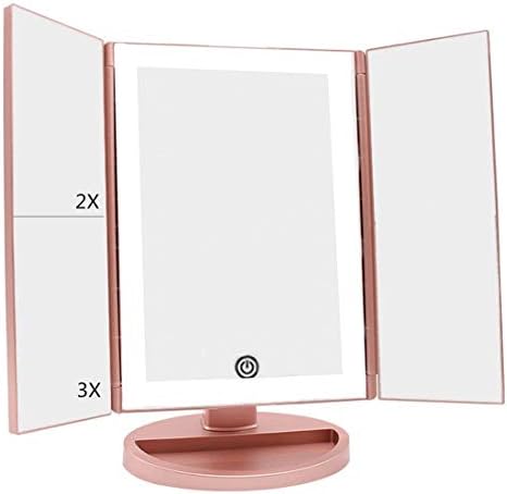 Newest 36 LED Nature Daylight Tri-Fold Lighted Vanity Makeup Mirror with Touch Screen Dimming and 3X/2X/1X Magnification Mirror, 180 Degree free Rotation, Countertop Cosmetic Mirror (Rose Gold)