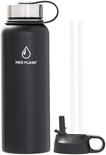 SilverOnyx Water Flask - Vacuum Insulated, Stainless Steel Bottle, Double Wall, Wide Mouth, Leak-Proof, Straw Lid and Flex Cap, Multiple Colors and Sizes, Flask Keeps Liquids Hot & Cold - Black 32oz