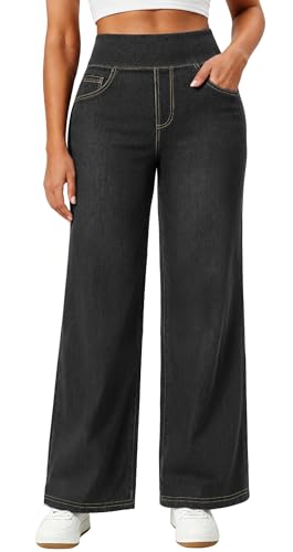 Stretchy Jeans Wide Leg Jeans for Women Pull On High Waist Sweatpant Jean at Amazon