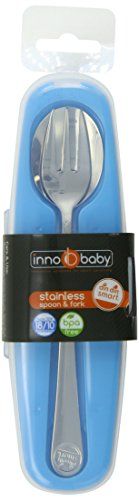 Innobaby Din Din Smart Stainless Steel Spoon and Fork with Carrying Case. Utensil Set for Kids and Toddlers. BPA free. Blue.