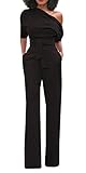 Hestenve Women One Shoulder Half Sleeve Drawstring Boot Cut Pants Jumpsuit and Rompers