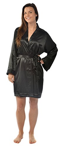 Leisureland Women's Kimono Satin Robe, Solid Color Dressing Gown, Knee Length One Size, Black