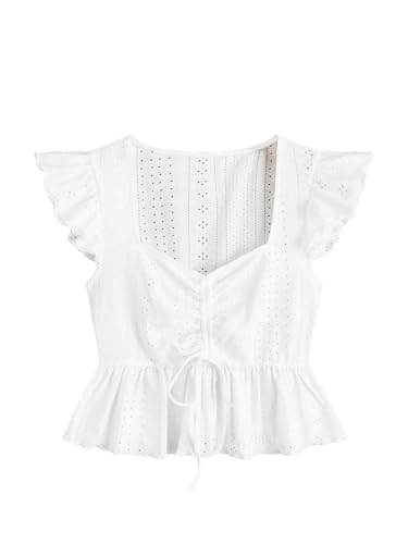 SweatyRocks Women's Ruffle Hem Cap Sleeve Shirts Babydoll Blouse Top White at Amazon