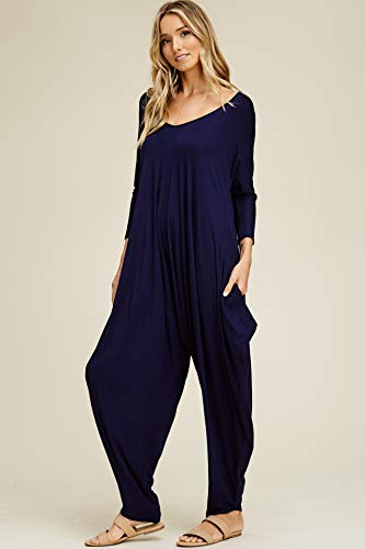 Annabelle Women's Solid Harem Pant Long Sleeve Jumpsuits Navy Small J8002