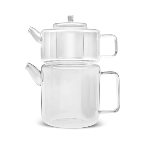 Karaca Théière plate en verre borosilicate - 1,1 l en haut / 1,8 l en bas, résistante à la chaleur, passe au lave-vaisselle