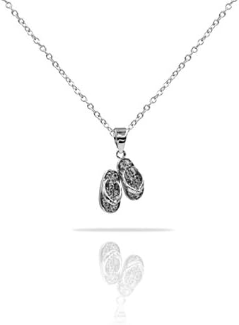 Sterling Silver Pendant Necklace with CZ Crystal Pave Flip Flop Sandal Pair Charm, Rhodium Plated 925 Silver, Adjustable Chain Length 16" - 18", with Gift Box and Pouch Bag