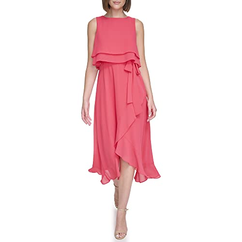 Jessica Howard Women's Popover Midi Chiffon Sleevless-Guest of Wedding Dress, Cherry, 14