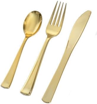 Metallic Gold Plastic Cutlery Combo Pack for 100 Guests (300 piece total)