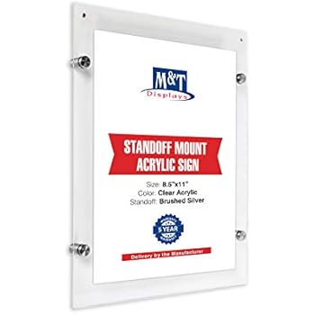 M&T Displays Wall Mount Floating Clear Acrylic Frameless Picture Frame with Brushed Silver Standoff Hardware and Magnets for 8.5x11 inch Sign Poster Photo Document Certificate Diploma or Display
