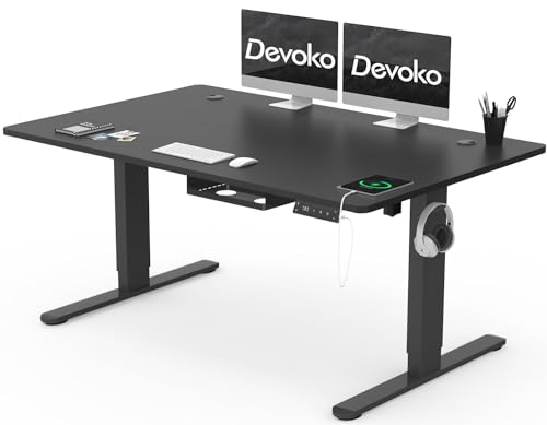 Devoko Höhenverstellbarer Schreibtisch 140x80cm mit Typ-C Ladeanschluss, Schreibtisch Höhenverstellbar Elektrisch, Mobiler Elektrisch Computertisch mit Kabel Management Tray, Schwarz thumbnail 1