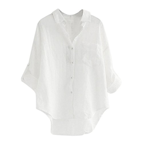 Rambling Women Cotton Linen Casual Loose Button-Down Shirt Solid Long Sleeve Basic Blouse Henley Tops (White A, XXL)