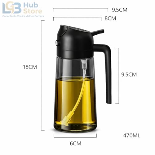Garrafa Spray de Azeite 2 em 1 470ml – Pulverizador e Dosador para Óleo e Vinagre, Dispensador de Azeite em Vidro Premium para Air Fryer, Saladas, Churrasco e Cozinha (Preto)
