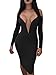 BEAGIMEG Women's Sexy V Neck Long Sleeve Bodycon Midi Party Club Dress, Black, Small