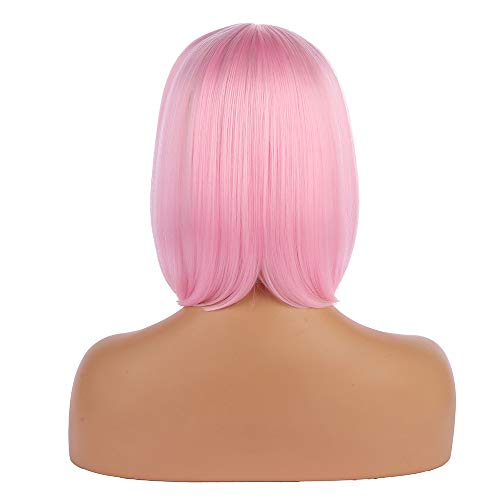 eNilecor Short Bob Hair Wigs 12" Straight with Flat Bangs Synthetic Colorful Cosplay Daily Party Wig for Women Natural As Real Hair+ Free Wig Cap (Light Pink)