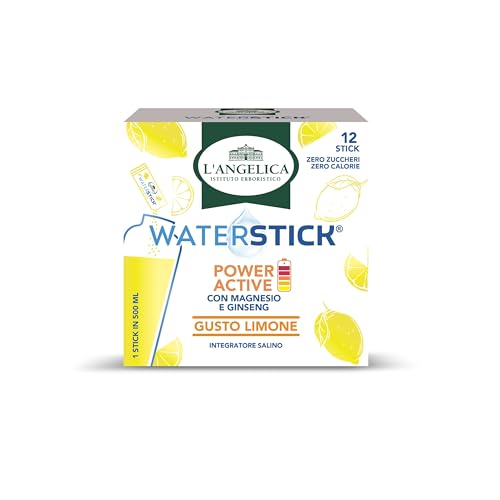 L'Angelica, Waterstick, Gusto Limone, Power Active, Con Vitamine, Magnesio, Ginseng, Contro Stanchezza e Affaticamento, Zero Zuccheri, Zero Calorie, Senza Conservanti, 1 Astuccio da 12 Stick