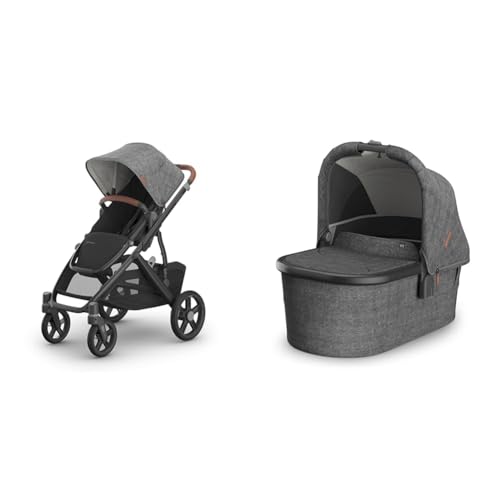 UPPAbaby Vista V3 Stroller + Bassinet V3 - Convertible Single-To-Double Stroller System- Bassinet, Toddler Seat, Bug Shield, Rain Shield Included-Greyson (Charcoal Mélange/Carbon Frame/Saddle Leather)