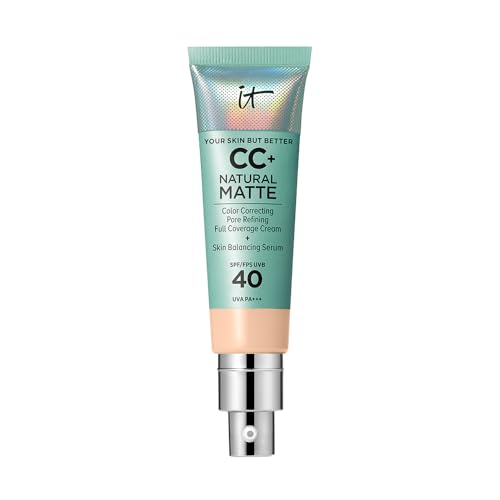 IT Cosmetics Full Coverage Foundation, Natural Matte, Made with Hyaluronic Acid, SPF 40 Protection, Your Skin But Better CC+, Shade: Fair Beige, 32ml