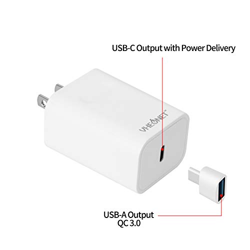 VHEONET USB C Charger 18W PD3.0 Type C Mini Wall Charger Power Delivery for iPhone 11 Pro Max Xs Max XR X 8 Plus, AirPods Pro, iPad Pro,Samsung Galaxy S10+S9+,Google Pixel 3a XL(USB A Included)