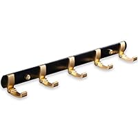 Wall Mounted Coat Rack, Aluminum Hook Rack - 5 Retractable Hooks to Hang Coats,Scarfs,Purses,Towels,Brush and More (Black/Gold)