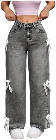 NIFTRIRY Blue Wide Leg Jeans with Pink Ribbon Bows - High Waisted