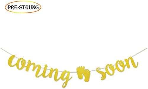 Coming Soon Gold Glitter Banner For Baby Shower Gender Reveal