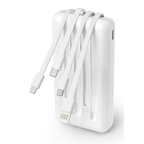 Power Bank Carregador Portátil Universal 20000mAh com Cabos Integrados USB-A, USB-C (Type-C), Micro-USB e USB-Light Carregamento Rápido Bateria Externa Compacta para Celular Android iOS (branco)