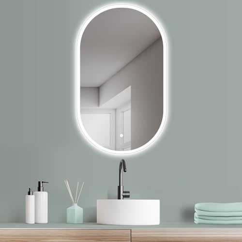 HOKO® Oval LED Design Mirror, 45 x 75 cm, High + Horizontal Mount, Illuminated Bathroom Mirror, Also as Vanity Mirror