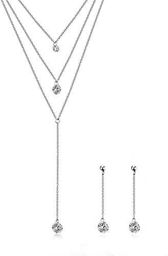 Jewlery 3 Layers Multilayer Cubic Zirconia Charm Lariat Sexy Long Chain Y Necklace Dangle Earrings Jewelry Set