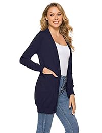 POGTMM suéter tipo cárdigan de manga larga con bolsillos para mujer, ligero, suave, abierto, con bolsillos