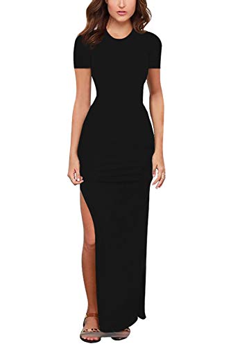 Meenew Womens Short Sleeve Summer Beach Vacation Bodycon High Slit Long Dress Black XL