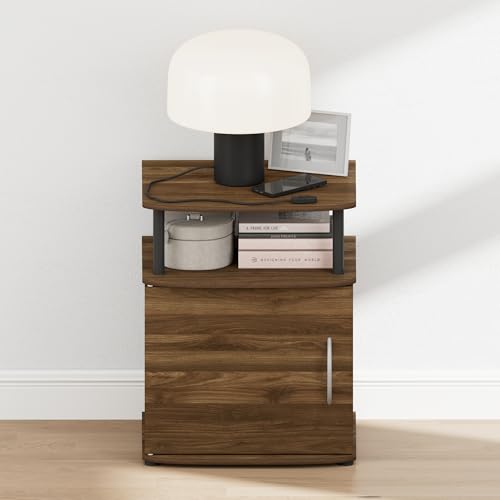 Furinno Jaya Mesa de Noche con Puerta con Estante Abierto y gabinete con Puerta con Esquinas Redondeadas, Mesa Lateral, Mesa Auxiliar, para Dormitorio, Armario, Sala de Estar, Pino ámbar