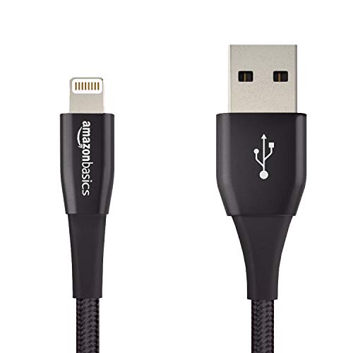AmazonBasics Double Nylon Braided USB A Cable with Lightning Connector, Premium Collection, MFi Certified iPhone Charger, 4 Inch, Black