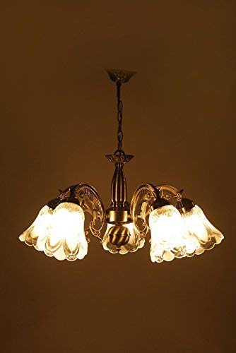 SHERON INDIA Brass Design 5 Portuguese Style Antique Golden Chandelier with 5 Lamps (White)