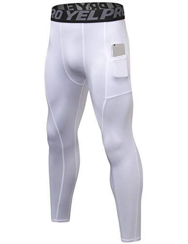 Lavento Men's Compression Pants Baselayer Cool Dry Pocket Running Ankle Leggings Active Tights (1 Pack-3911 White,Large)