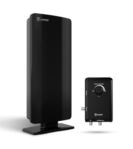 ANTOP Outdoor Antenna-AT-400 Flat Panel Amplified Antenna with Noise-Free Filter for VHF Enhanced, Multi-Directional Reception Range,39ft Detachable Coaxial Cable