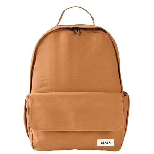 BÉABA Baby Changing Backpack Tokyo 21L – Unisex Diaper Bag for Mom and Dad, 9 Pockets, Insulated Bottle Pocket, Stroller Clips, Padded Changing Mat – Ocre