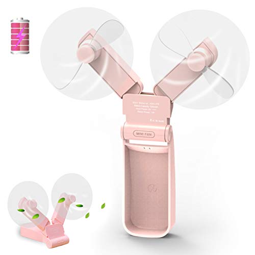 Dual Head Mini Handheld Fan, Personal Portable Fan USB, Small Pocket Foldable Desk Fan for Home Office Traveling Or Hiking, Lithium Battery Operated Rechargeable Patented Degisn, Pure Pink.