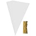 Wode Shop 100 Pieces Clear Cone Bags, Medium Transparent Plastic Cone Bags Sweets Treat Bags With Gold Twist Ties, 14.56 X 7.1 Inches