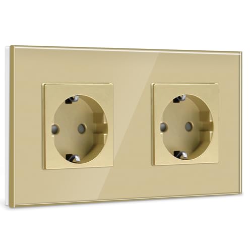 BSEED Schuko Double Socket with Glass Plate, Gold, 16 A, 250 V, Extension Sockets for Kitchen, Bedroom, Office, Hotel, etc.