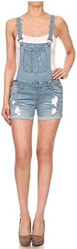Instar Mode Women's Juniors Distressed Cuffed Denim Overalls