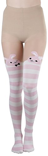 ToBeInStyle Women's Bunny Print Striped Pantyhose - Pink/White