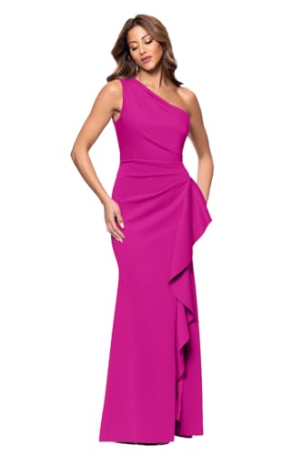 Xscape Women's Floor Length One Shoulder Ruched Waist with Ruffle Bodice Evenin…