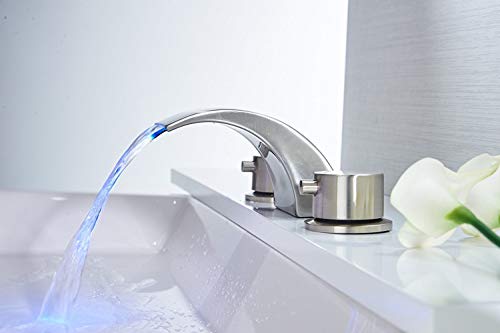Bathfinesse 8-16 Inch LED Waterfall Widespread Bathroom Sink Faucet 3 Holes with Two Handles Commercial Brushed Nickel Lavatory Faucets