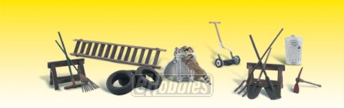 N Scenic Accents Garage Treasures (Tires, Ladder, Rake, Racoon etc.) Woodland Scenics
