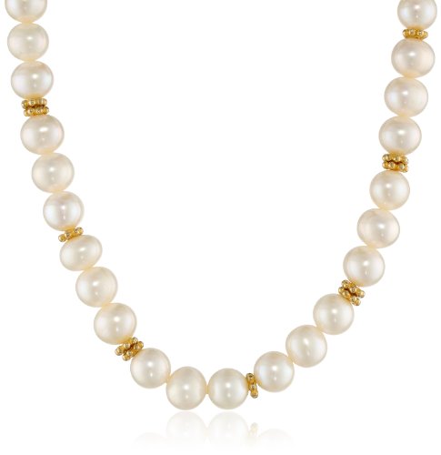 White Potato 7-8mm Freshwater Cultured Pearl and Gold Plated Silver Rondelle Necklace, 17