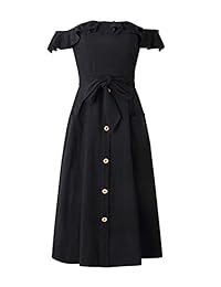 Vestido de mujer con hombros descubiertos, vestido de verano vintage con volantes, con bolsillo